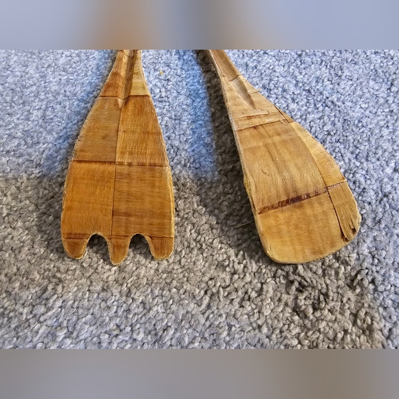 Vintage MCM Formosa Wood Woven Checked 9 Piece Salad Bowl Spoon & Fork Set - Picture 10 of 10